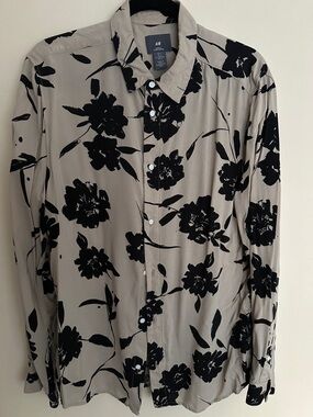 H&M Men's Taupe Shirt with Black Floral Print